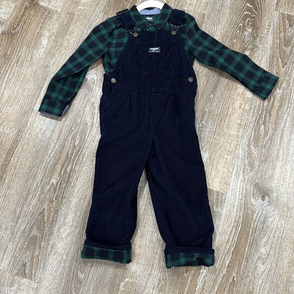 OshKosh B’gosh Corduroy Overalls Toddler 5T Navy Blue Plaid Flannel Lined Shirt